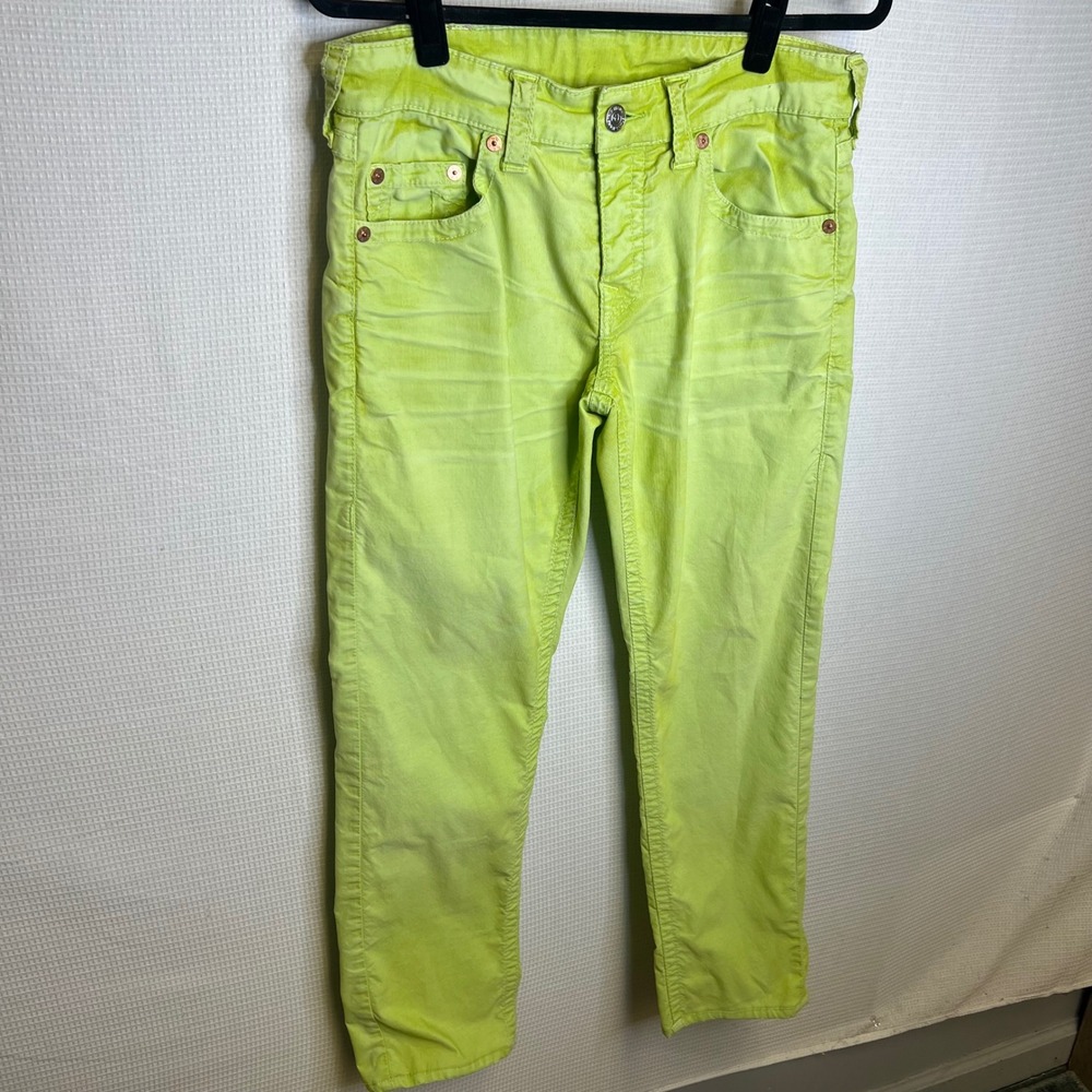 True Religion Geno Slim Corduroy Pants Lime Green Mens 32 Button Fly Tapered